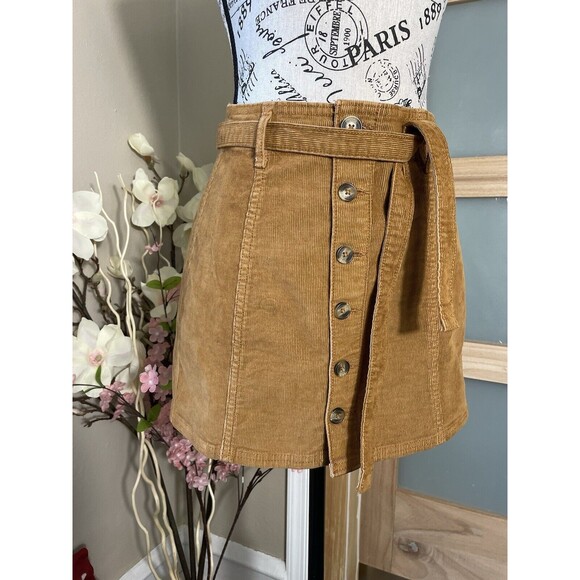 American Eagle Super Stretch Corduroy Tan Hi-Rise A-Line Tie Waist Skirt Size 0 - Picture 2 of 6